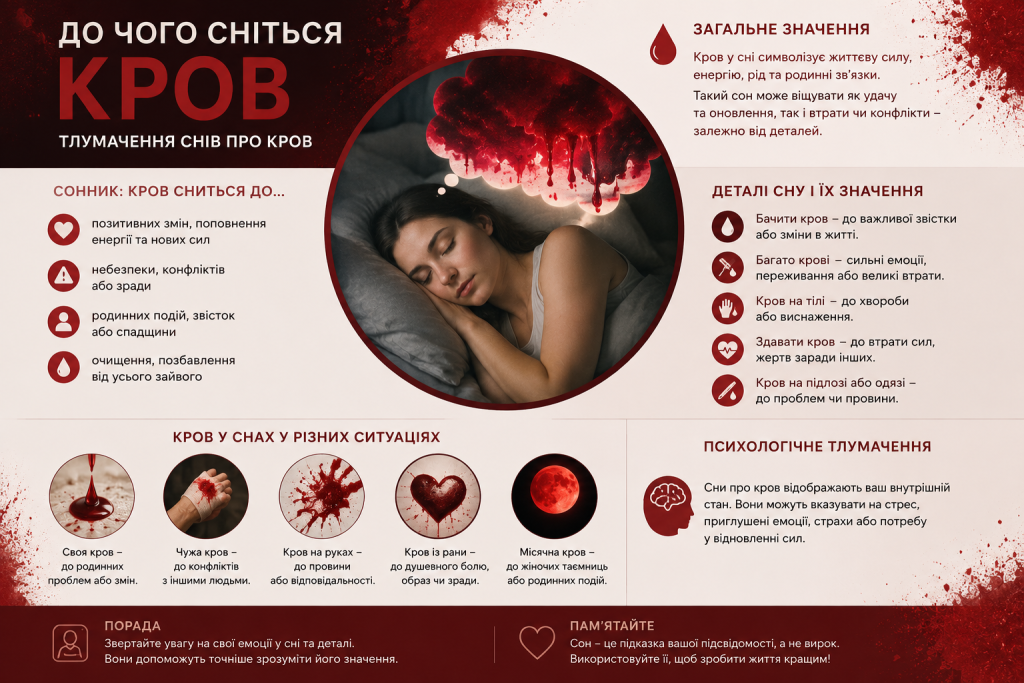 Інфографіка про значення снів з кров'ю — загальне тлумачення, деталі сну, кров у різних ситуаціях та психологічне пояснення