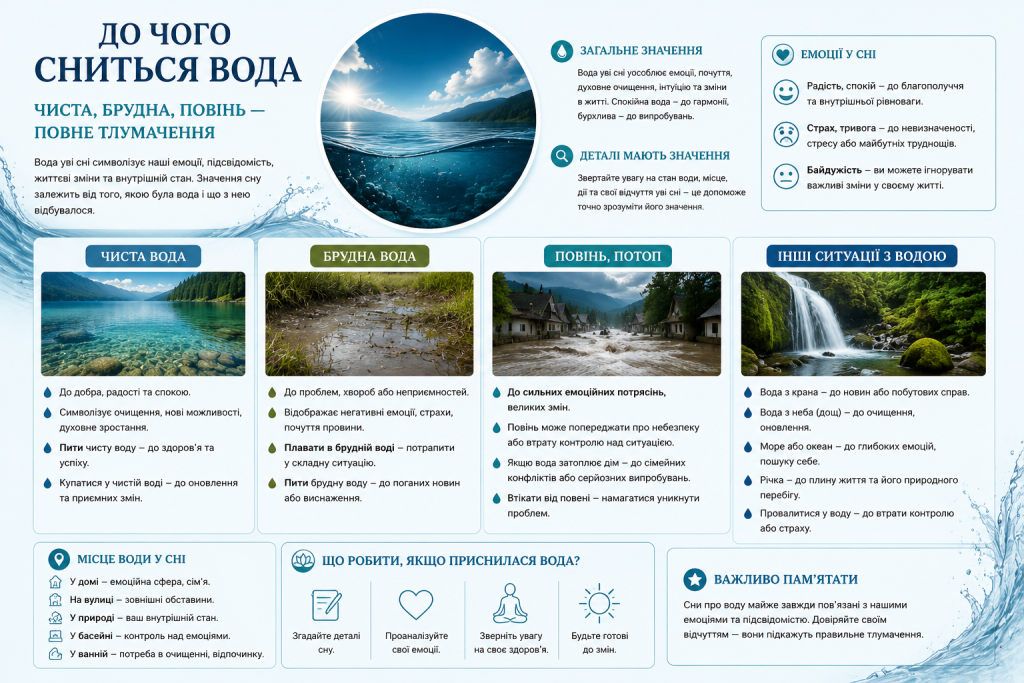 Інфографіка про значення снів з водою — тлумачення чистої та брудної води, повені, різних ситуацій з водою та емоцій у сні